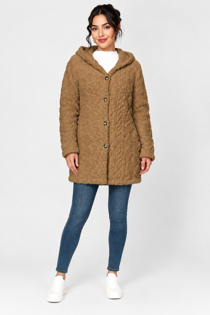 Katherine | Coat Hooded Long Sleeve Button Front Textured
