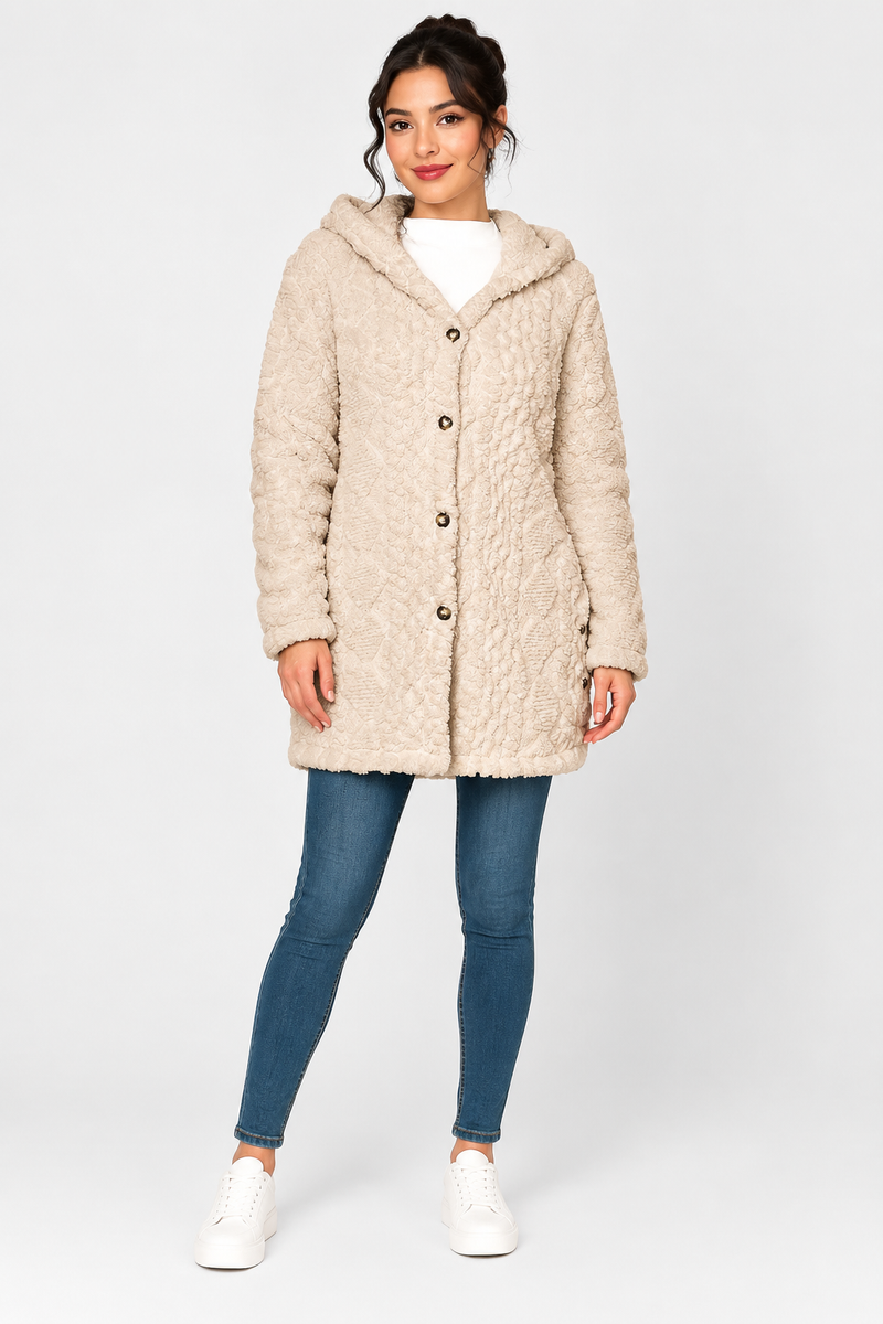Katherine | Coat Hooded Long Sleeve Button Front Textured