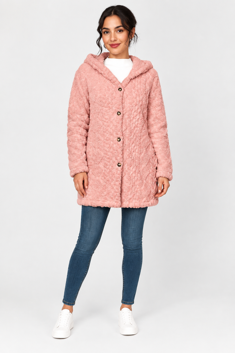 Katherine | Coat Hooded Long Sleeve Button Front Textured