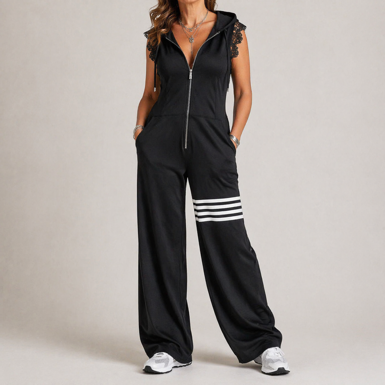 Riane - Sleeveless Hooded Zip Front Wide Leg Jumpsuit
