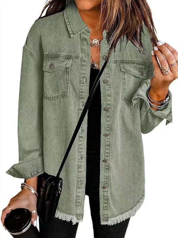 Kahlia | Denim-Style Frayed Hem Shirt Jacket