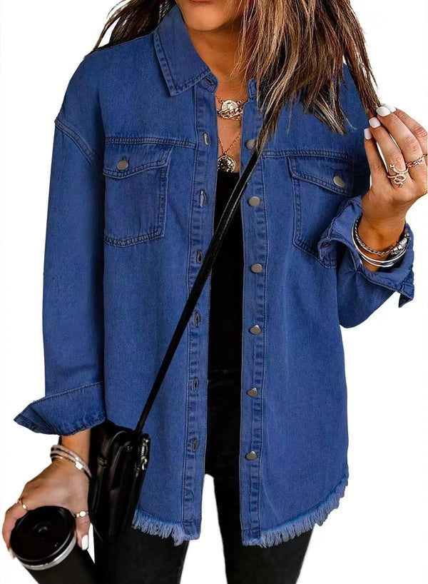 Kahlia | Denim-Style Frayed Hem Shirt Jacket
