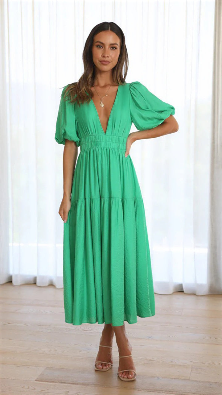 Delphine | Midi Dress V Neck Puff Sleeve