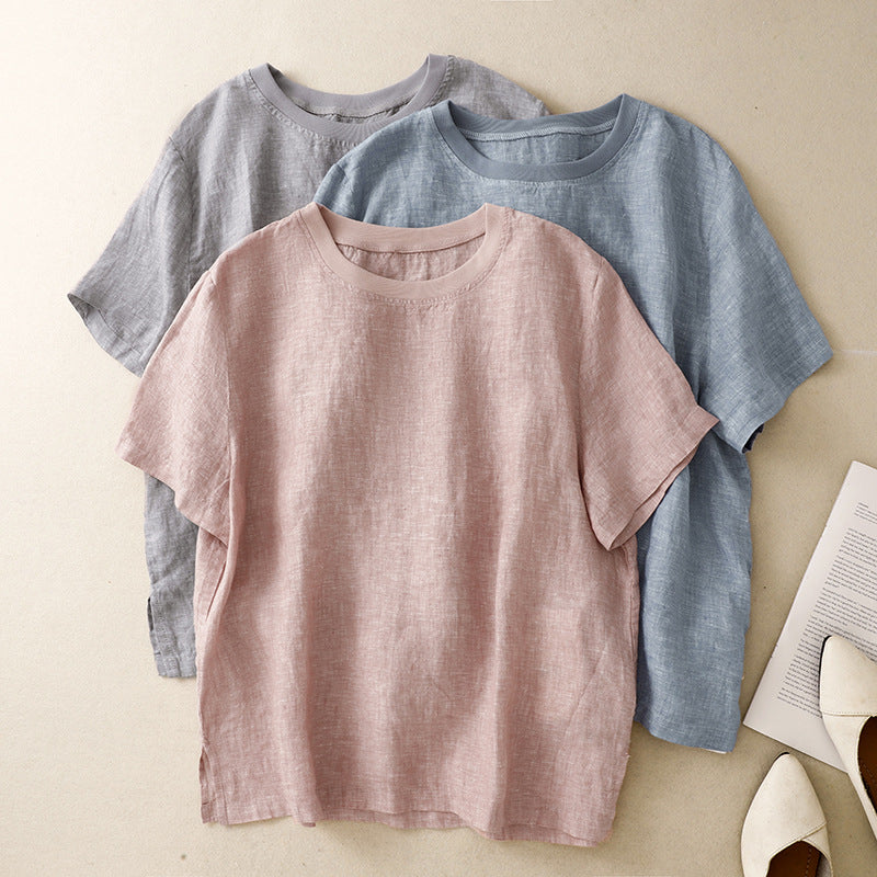 Nayna - Short Sleeve Crew Neck Linen Top