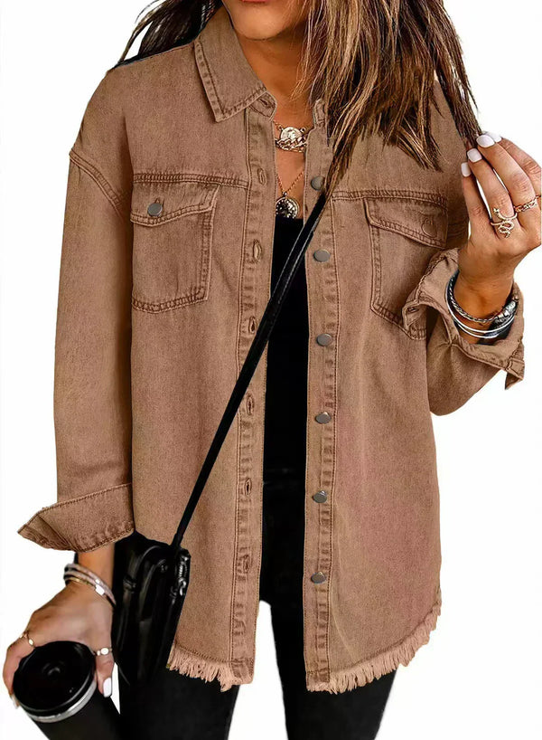 Kahlia | Denim-Style Frayed Hem Shirt Jacket