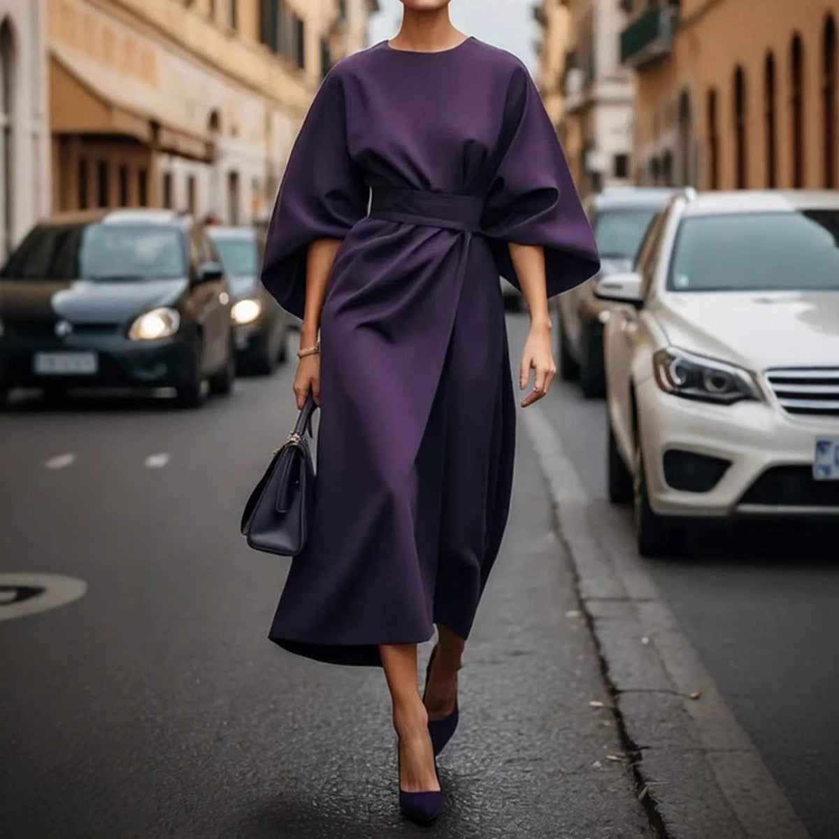 Zefielia | Long Sleeve Batwing Dress with Belt