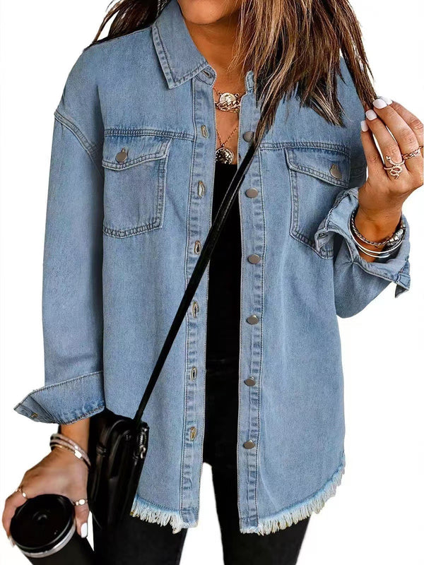 Kahlia | Denim-Style Frayed Hem Shirt Jacket