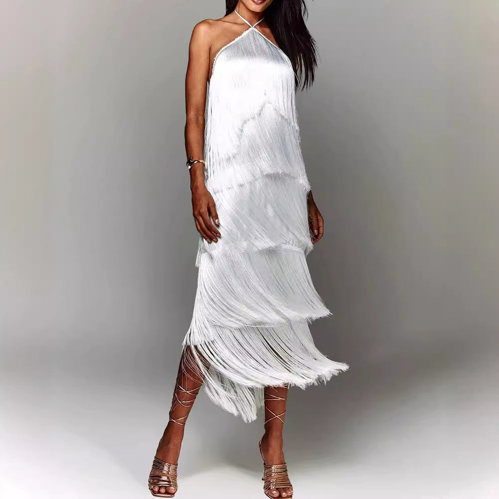 Eva | Fringe Halter Backless Maxi Dress