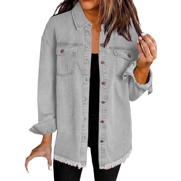 Kahlia | Denim-Style Frayed Hem Shirt Jacket