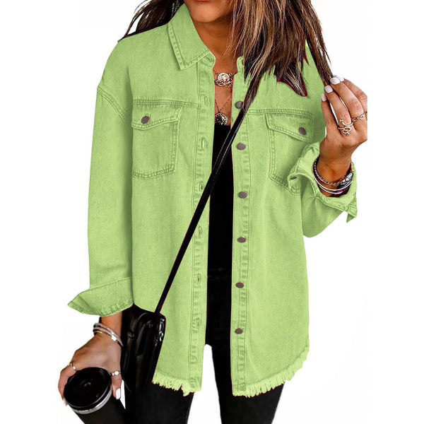 Kahlia | Denim-Style Frayed Hem Shirt Jacket