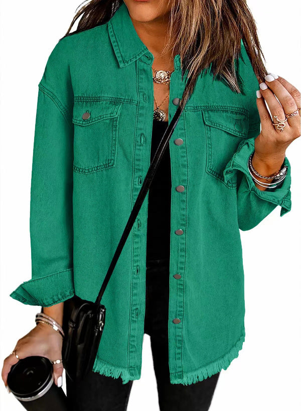 Kahlia | Denim-Style Frayed Hem Shirt Jacket