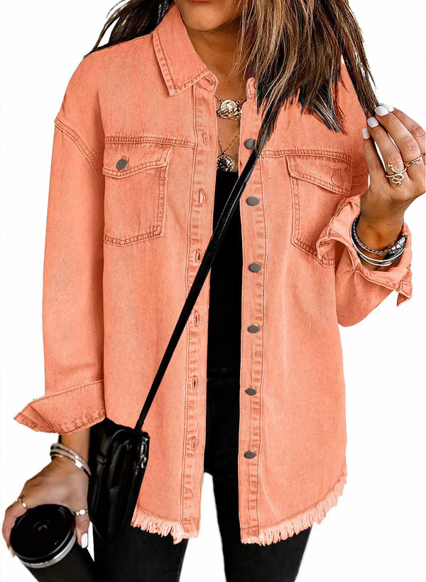 Kahlia | Denim-Style Frayed Hem Shirt Jacket