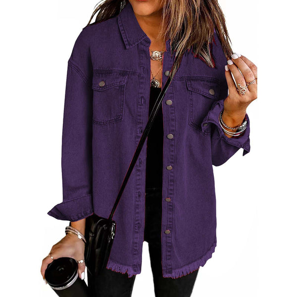 Kahlia | Denim-Style Frayed Hem Shirt Jacket