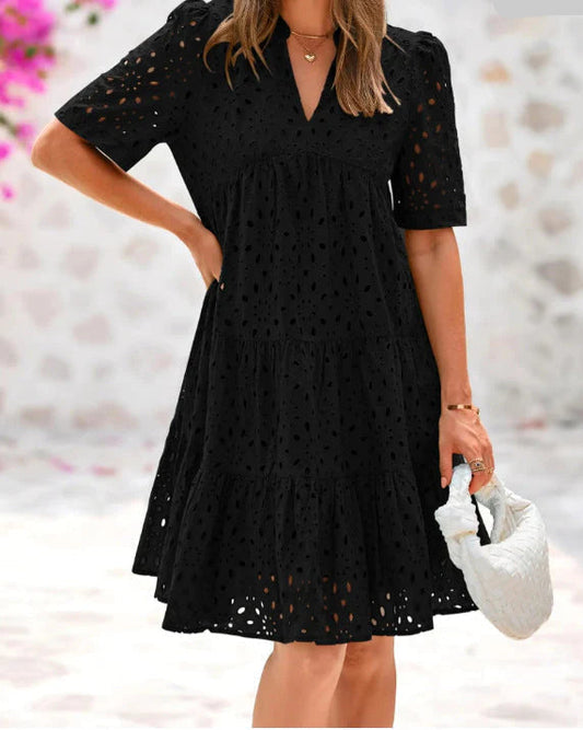Anjika - Eyelet Tiered V Neck Dress