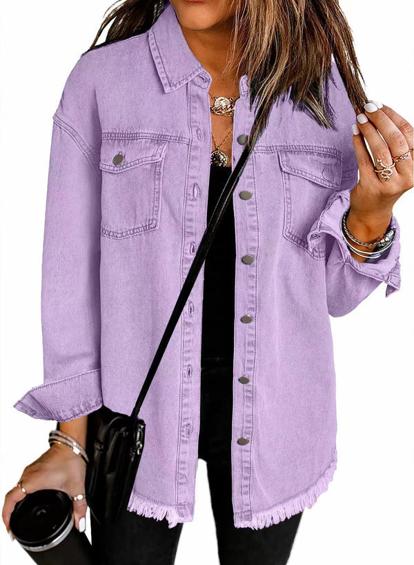 Kahlia | Denim-Style Frayed Hem Shirt Jacket