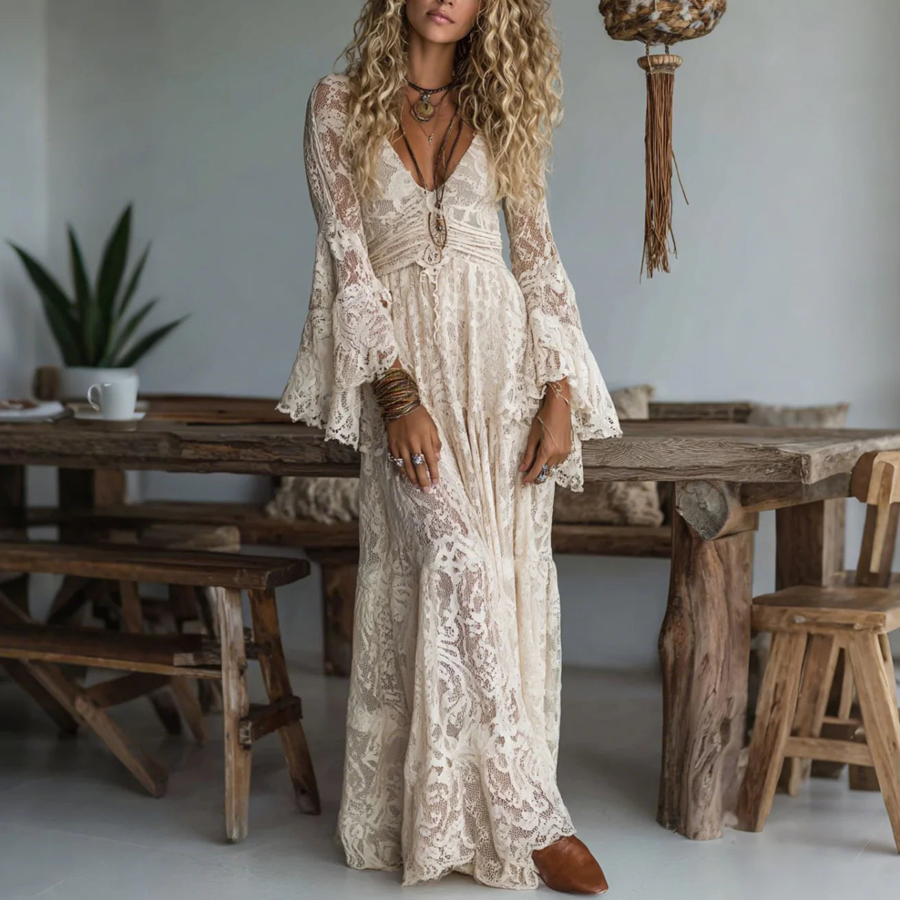 Chariya | Maxi Dress Lace V-Neck Flared Sleeve