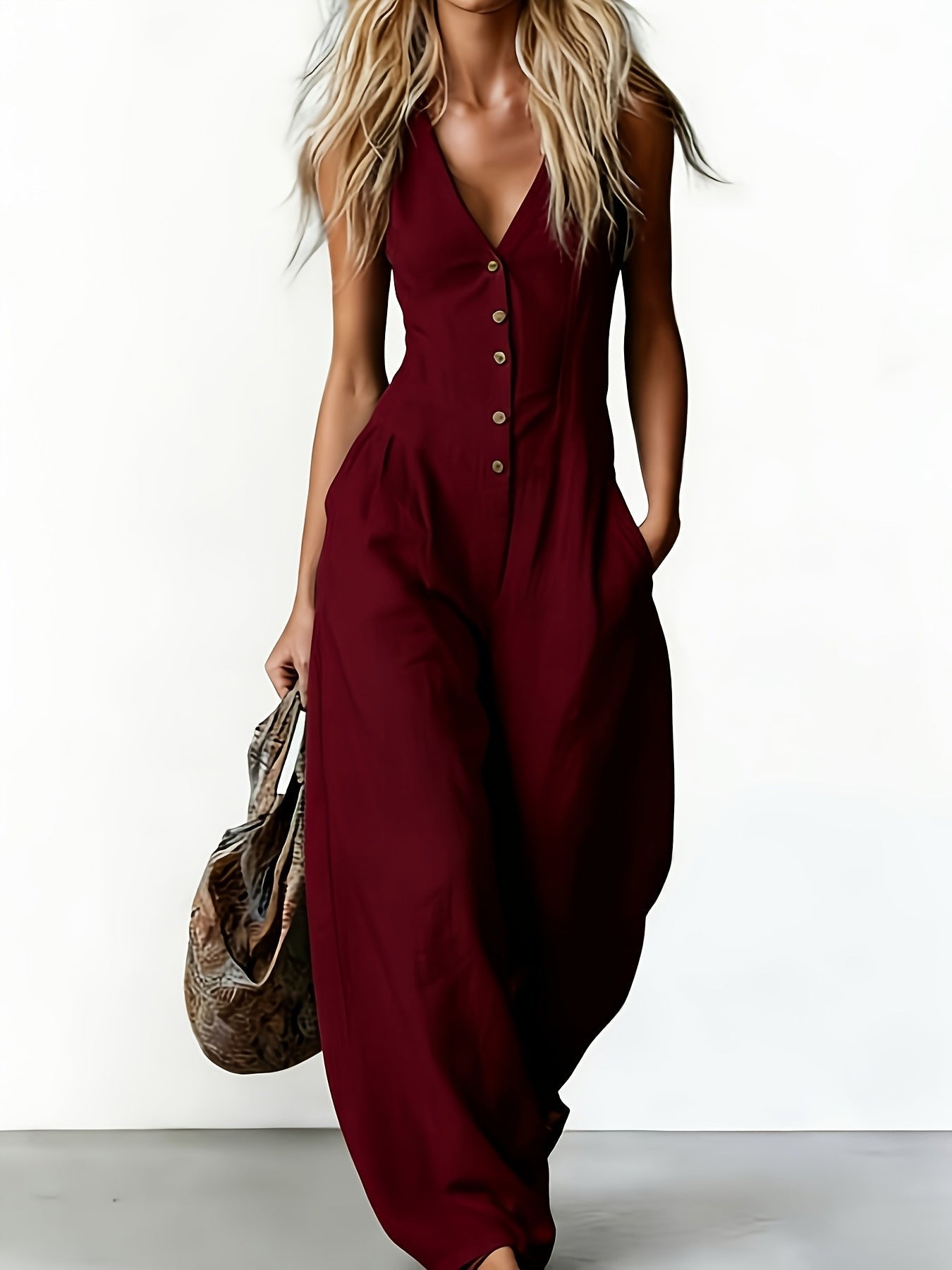 Suzanni - Sleeveless V Neck Wide Leg Jumpsuit