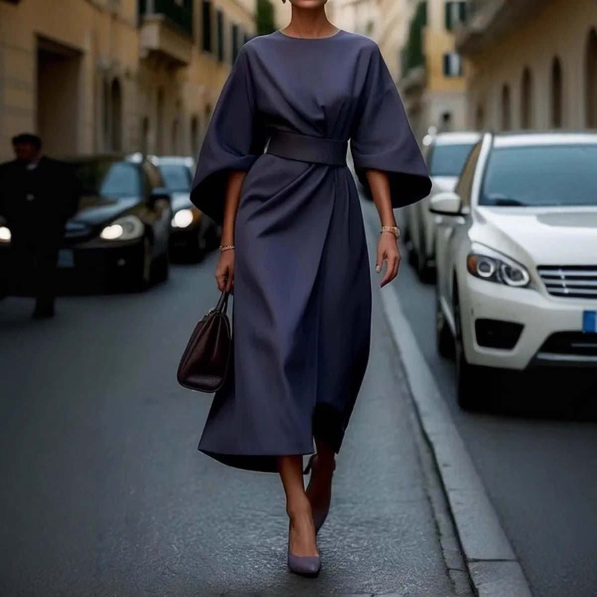Zefielia | Long Sleeve Batwing Dress with Belt