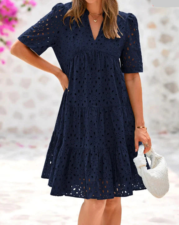 Anjika - Eyelet Tiered V Neck Dress