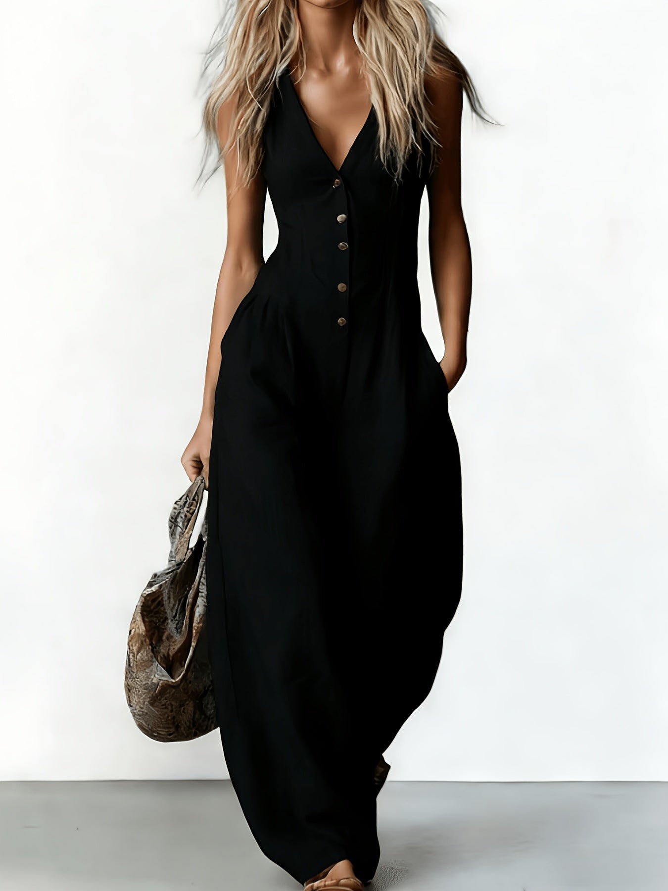 Suzanni - Sleeveless V Neck Wide Leg Jumpsuit