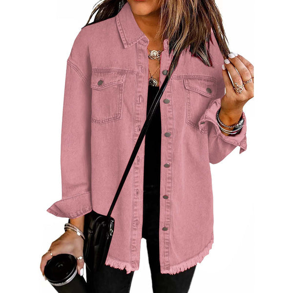 Kahlia | Denim-Style Frayed Hem Shirt Jacket