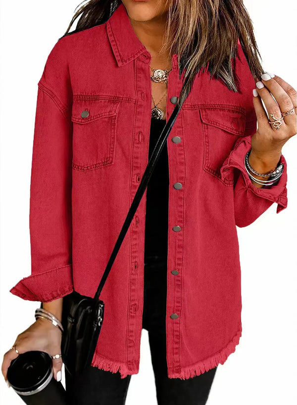 Kahlia | Denim-Style Frayed Hem Shirt Jacket