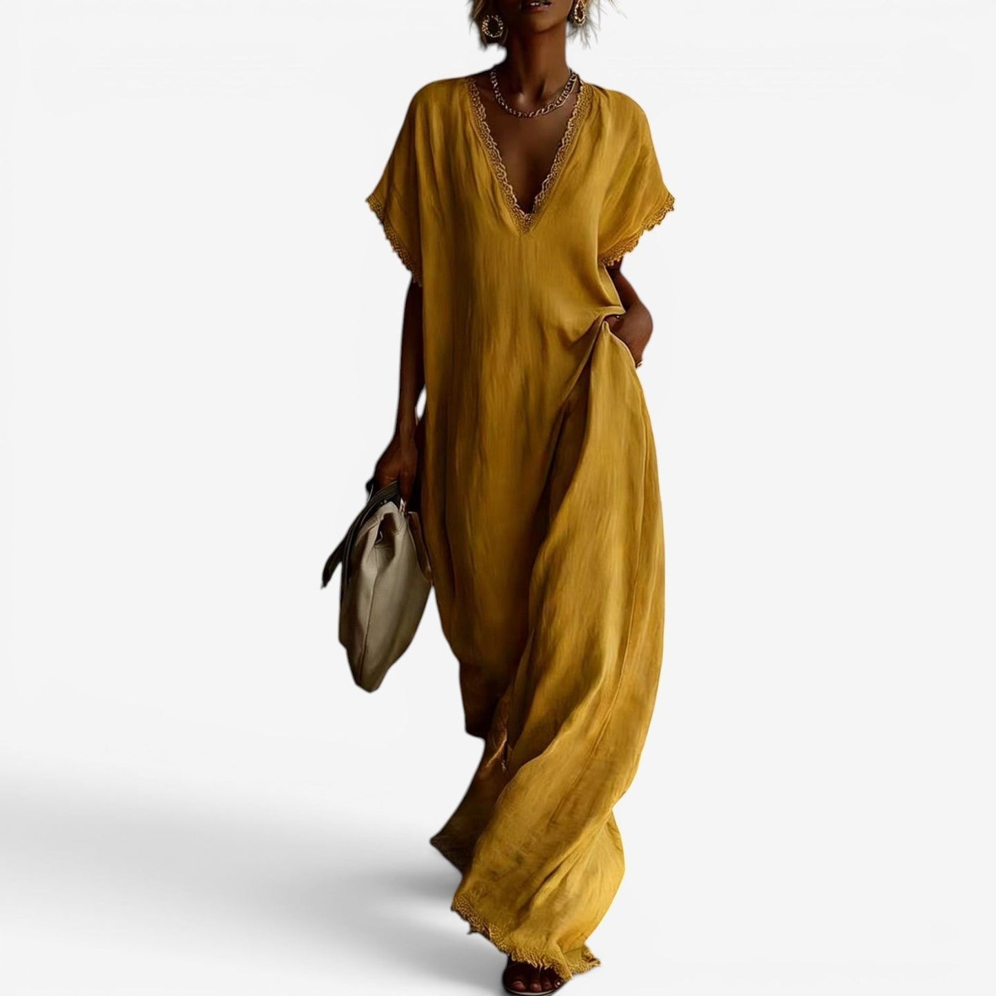Farzana | Maxi Dress With Lace Trim V Neck