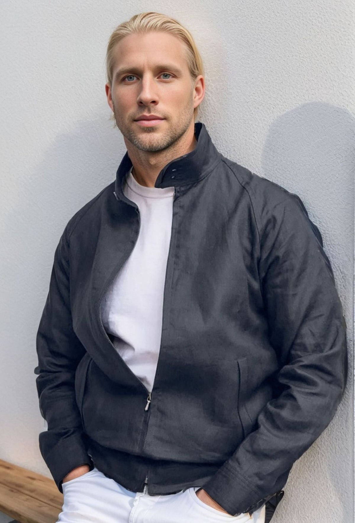 Elliott | Jacket Navy Stand Collar Zip Front