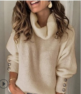 Roweonica | Cowl Neck Ribbed Sweater with Button Detail