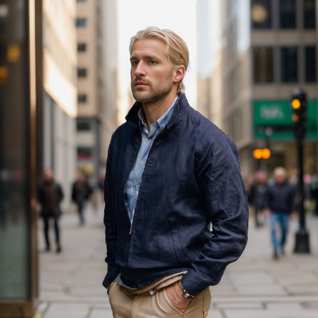 Elliott | Jacket Navy Stand Collar Zip Front