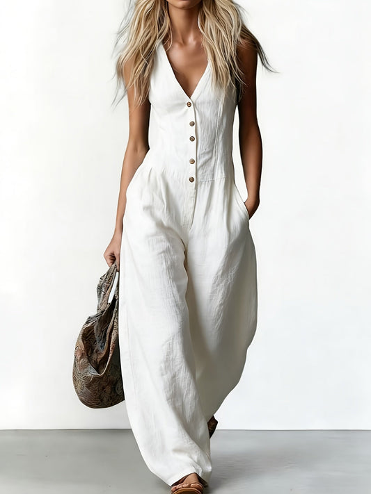 Suzanni - Sleeveless V Neck Wide Leg Jumpsuit