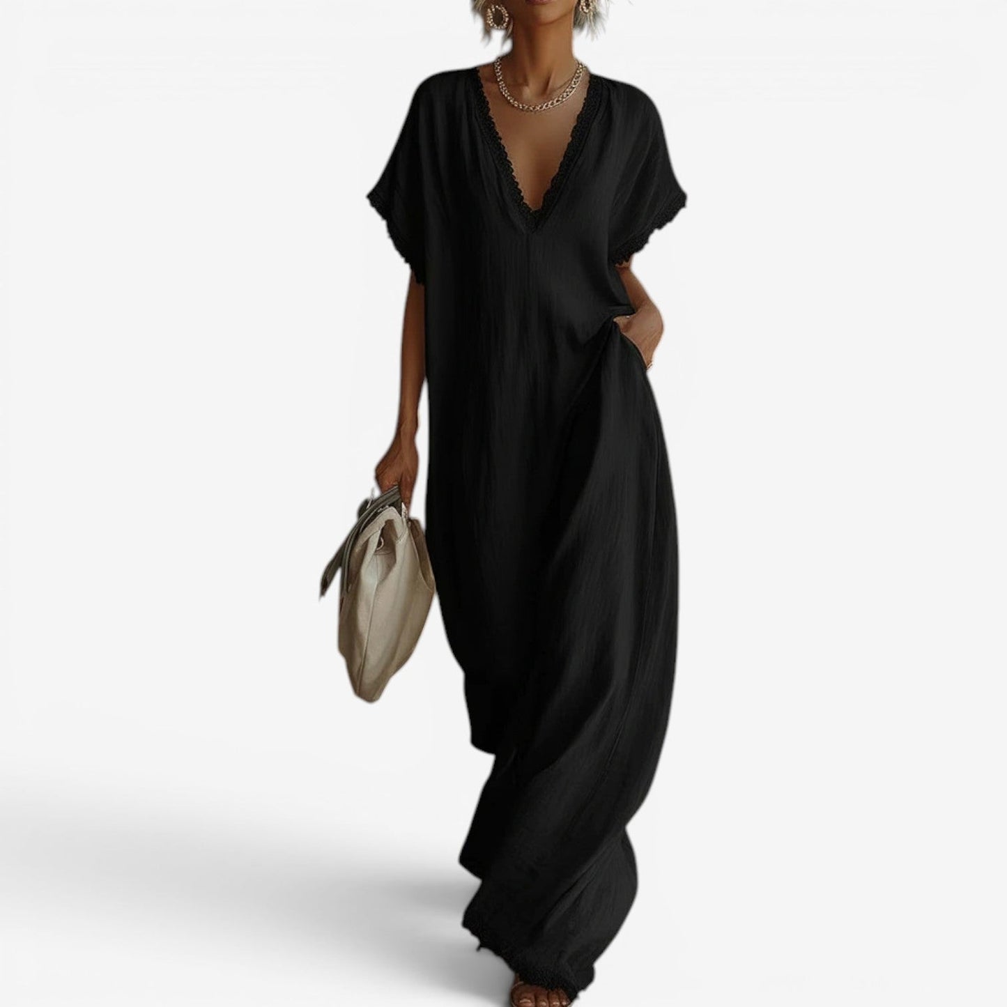 Farzana | Maxi Dress With Lace Trim V Neck