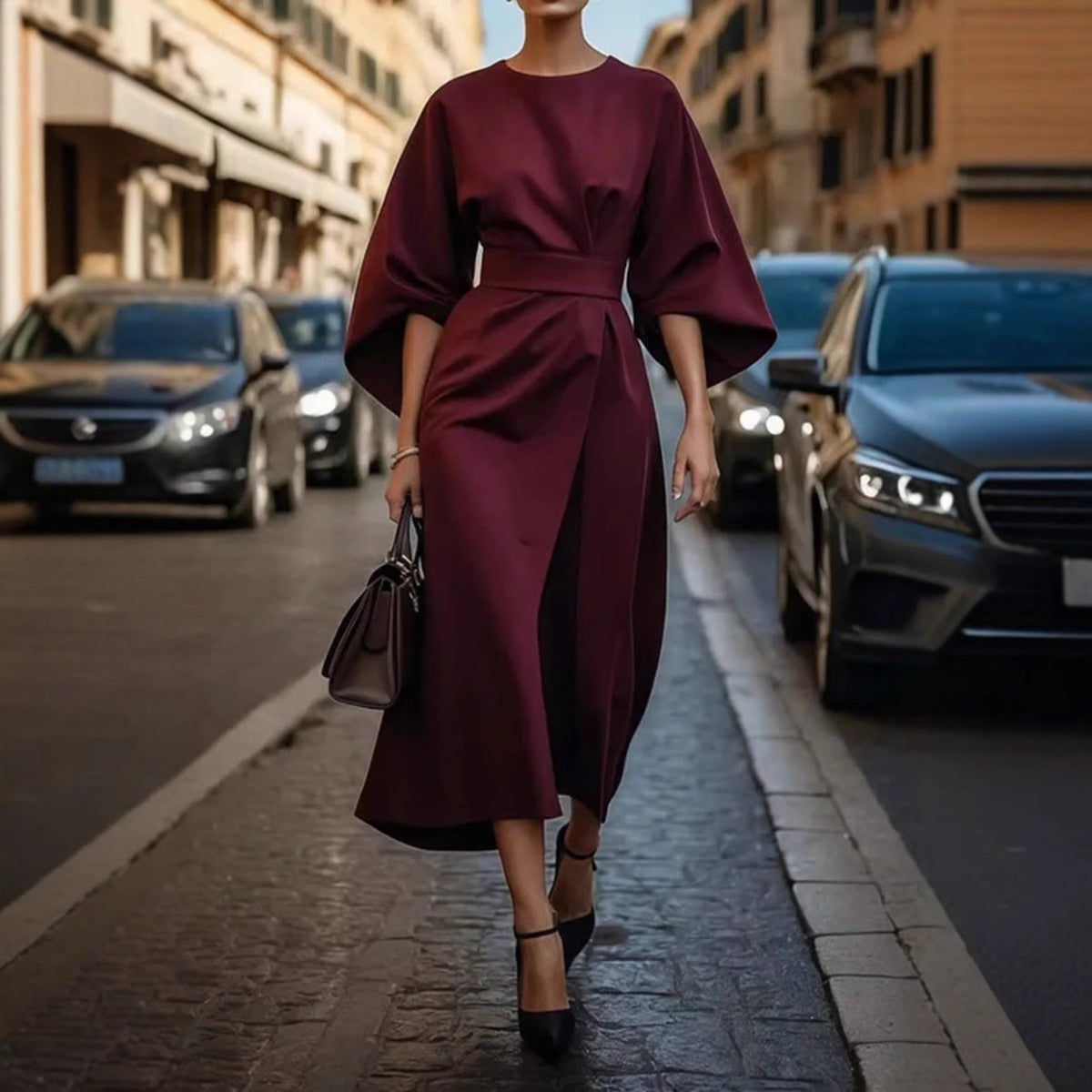 Zefielia | Long Sleeve Batwing Dress with Belt