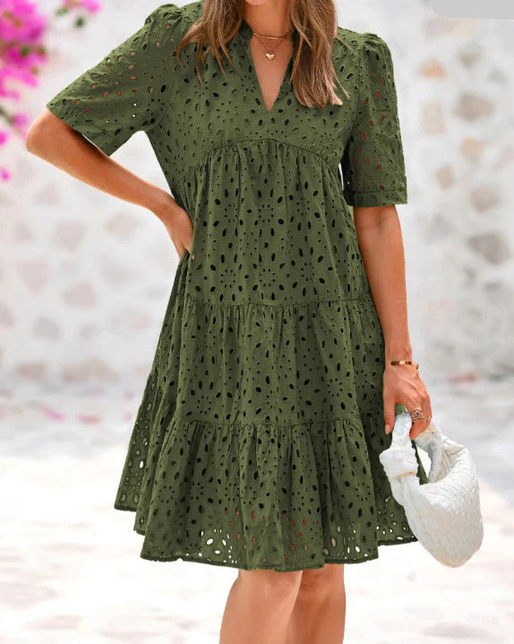 Anjika - Eyelet Tiered V Neck Dress