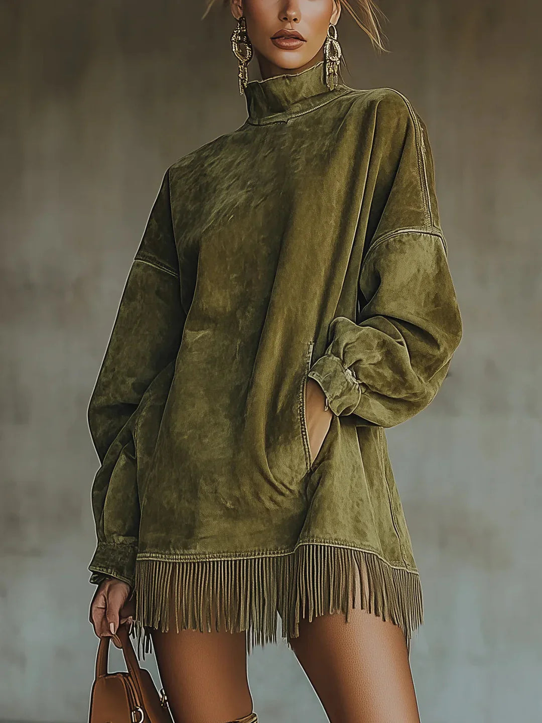 Syanna | Oversized Fringe Hem High Neck Sweatshirt