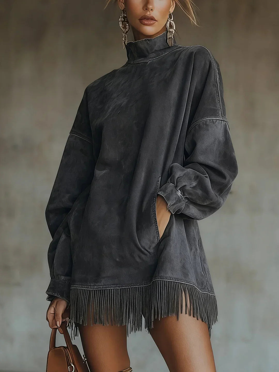 Syanna | Oversized Fringe Hem High Neck Sweatshirt