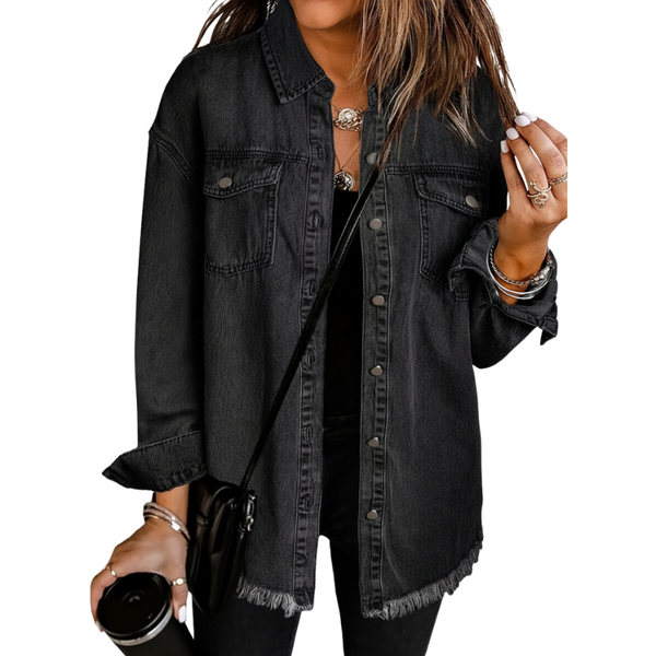 Kahlia | Denim-Style Frayed Hem Shirt Jacket
