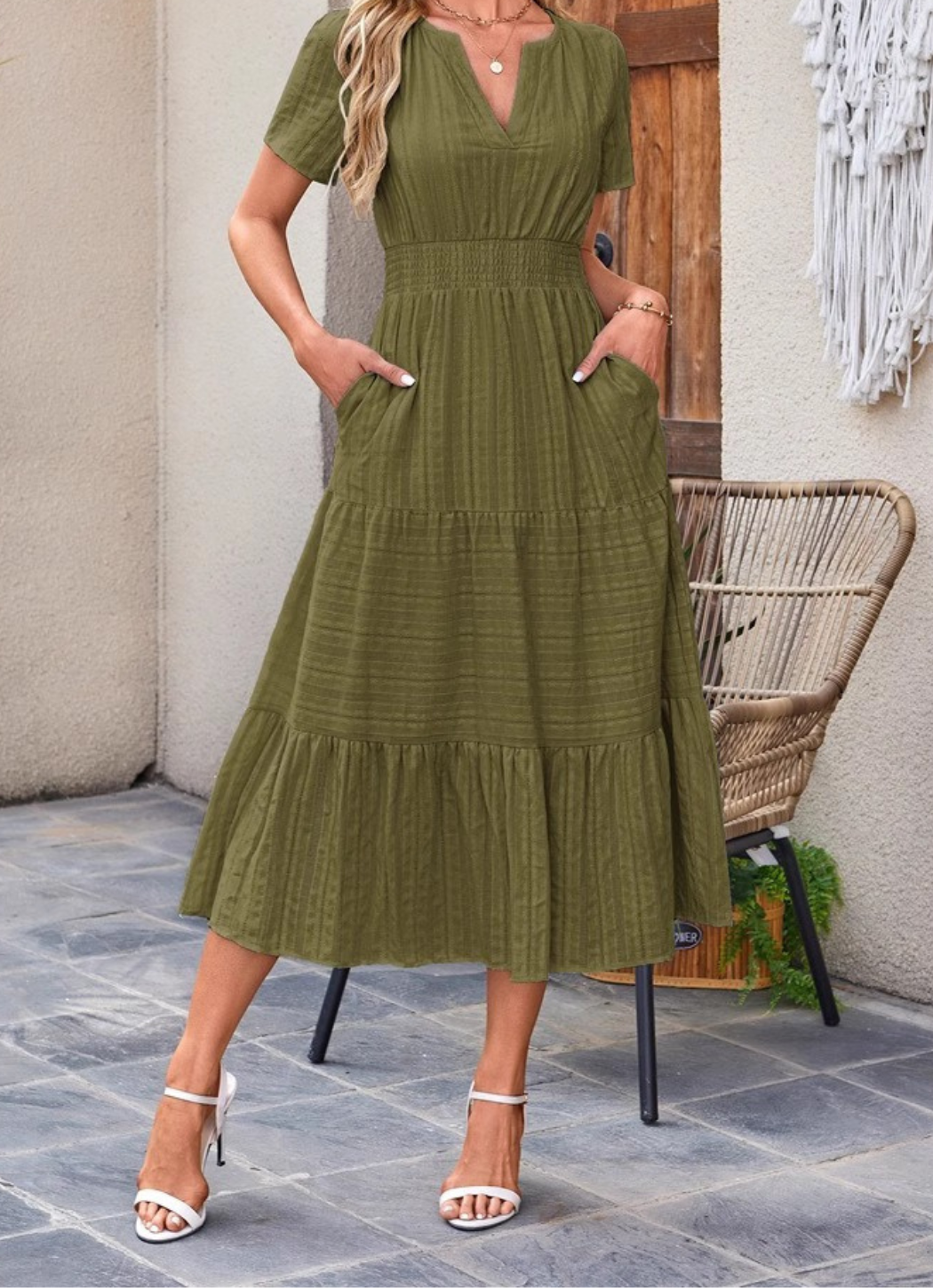 Jikina | Midi Dress with V-Neck Tiered Skirt Pockets