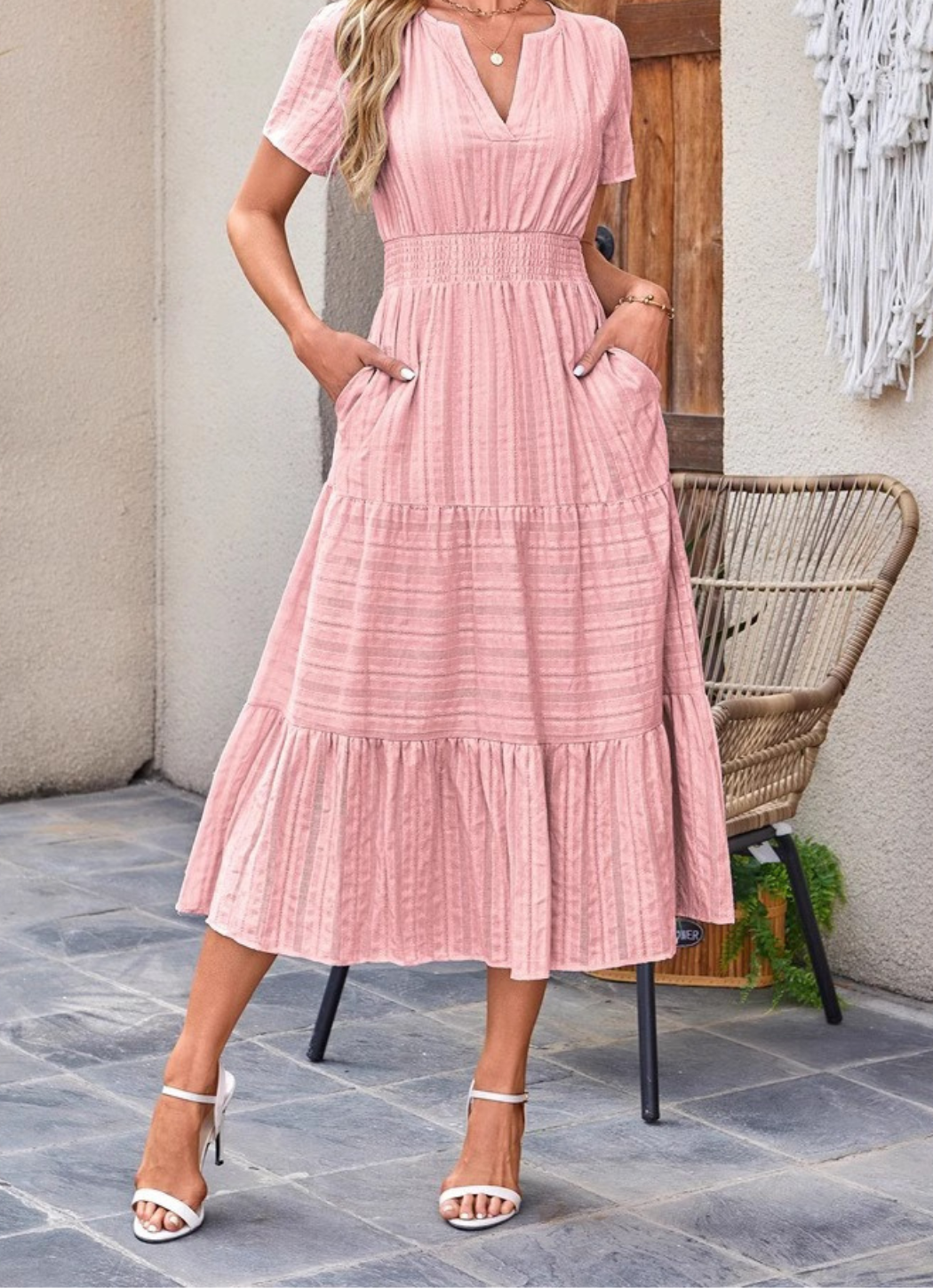 Jikina | Midi Dress with V-Neck Tiered Skirt Pockets
