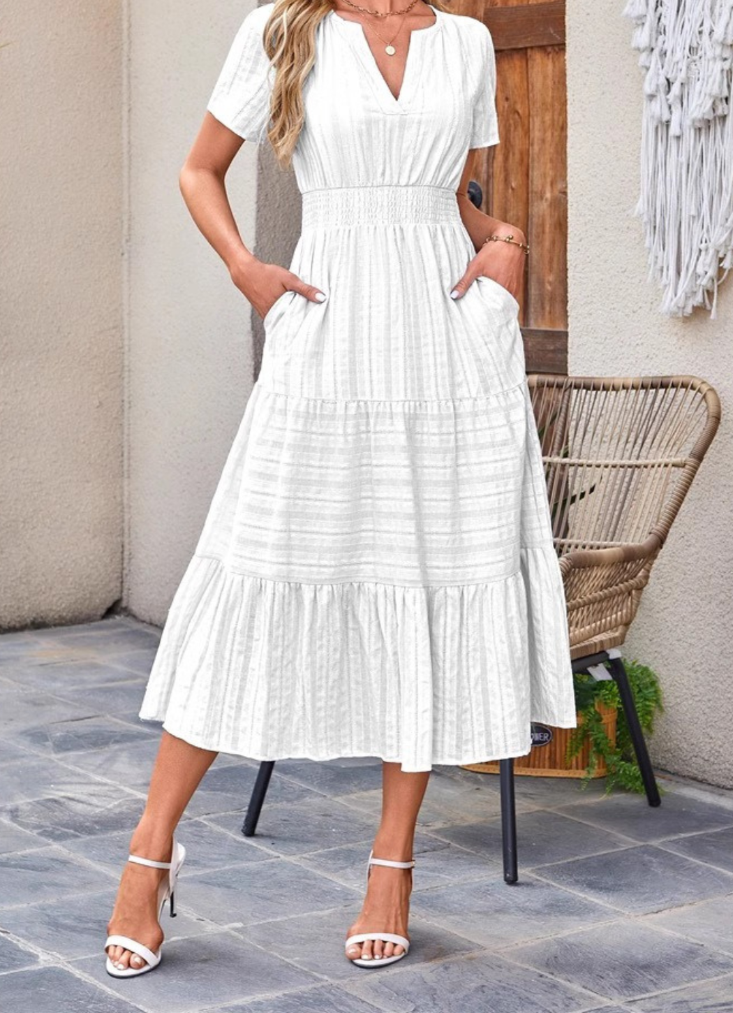 Jikina | Midi Dress with V-Neck Tiered Skirt Pockets