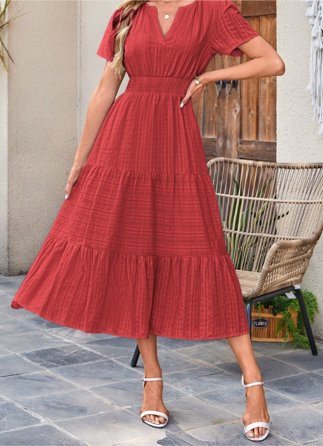 Jikina | Midi Dress with V-Neck Tiered Skirt Pockets