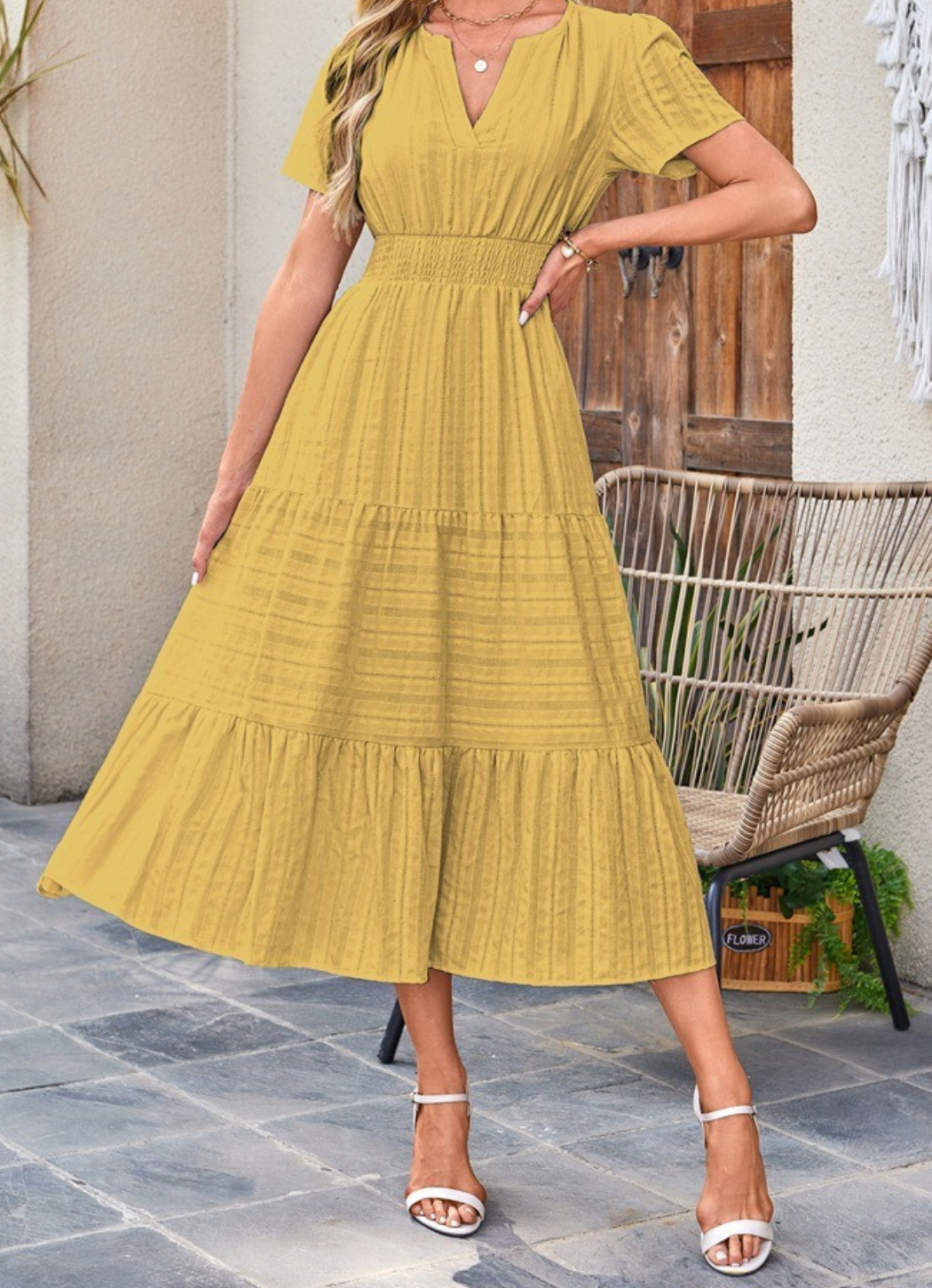 Jikina | Midi Dress with V-Neck Tiered Skirt Pockets
