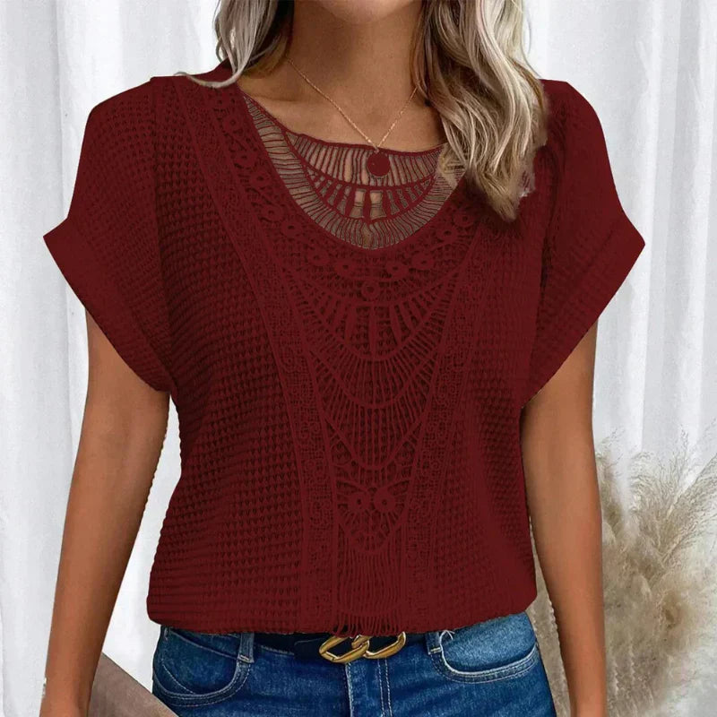 Alitzel - Short Sleeve Crochet Knit Round Neck Top