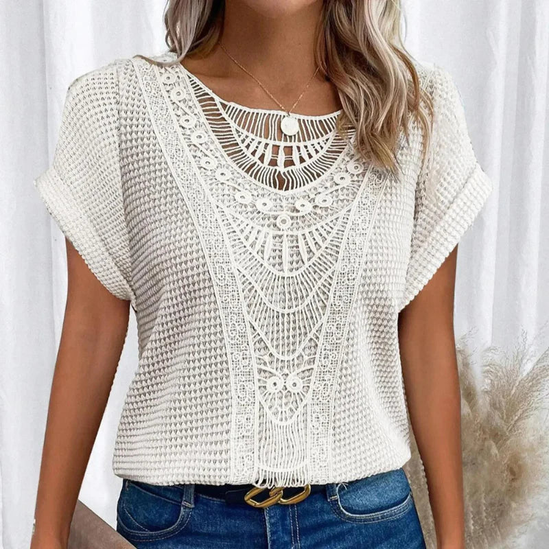 Alitzel - Short Sleeve Crochet Knit Round Neck Top