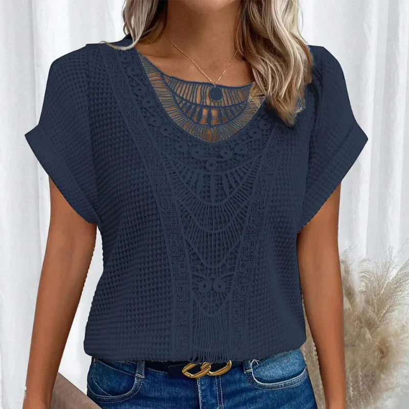 Alitzel - Short Sleeve Crochet Knit Round Neck Top