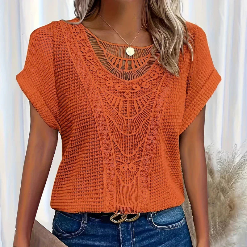 Alitzel - Short Sleeve Crochet Knit Round Neck Top
