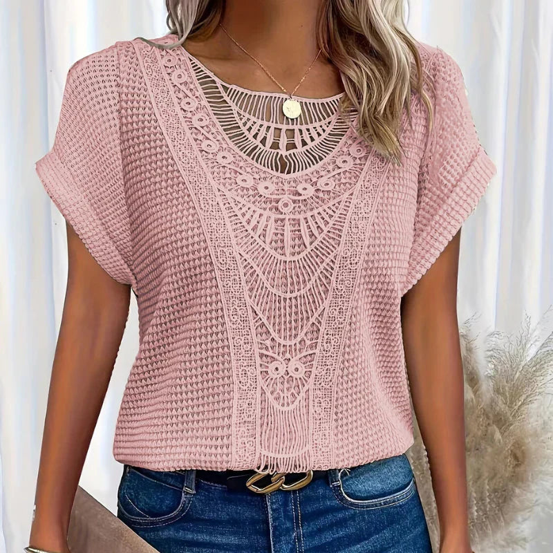 Alitzel - Short Sleeve Crochet Knit Round Neck Top