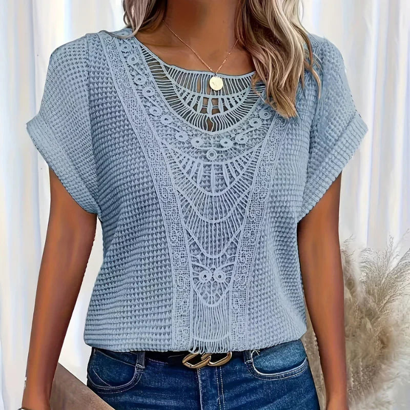 Alitzel - Short Sleeve Crochet Knit Round Neck Top