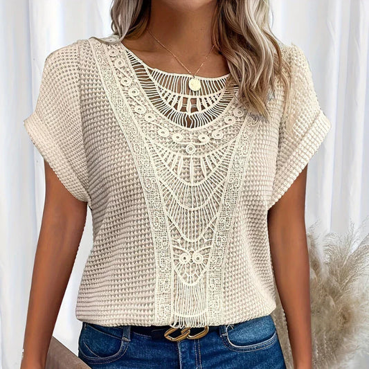 Alitzel - Short Sleeve Crochet Knit Round Neck Top