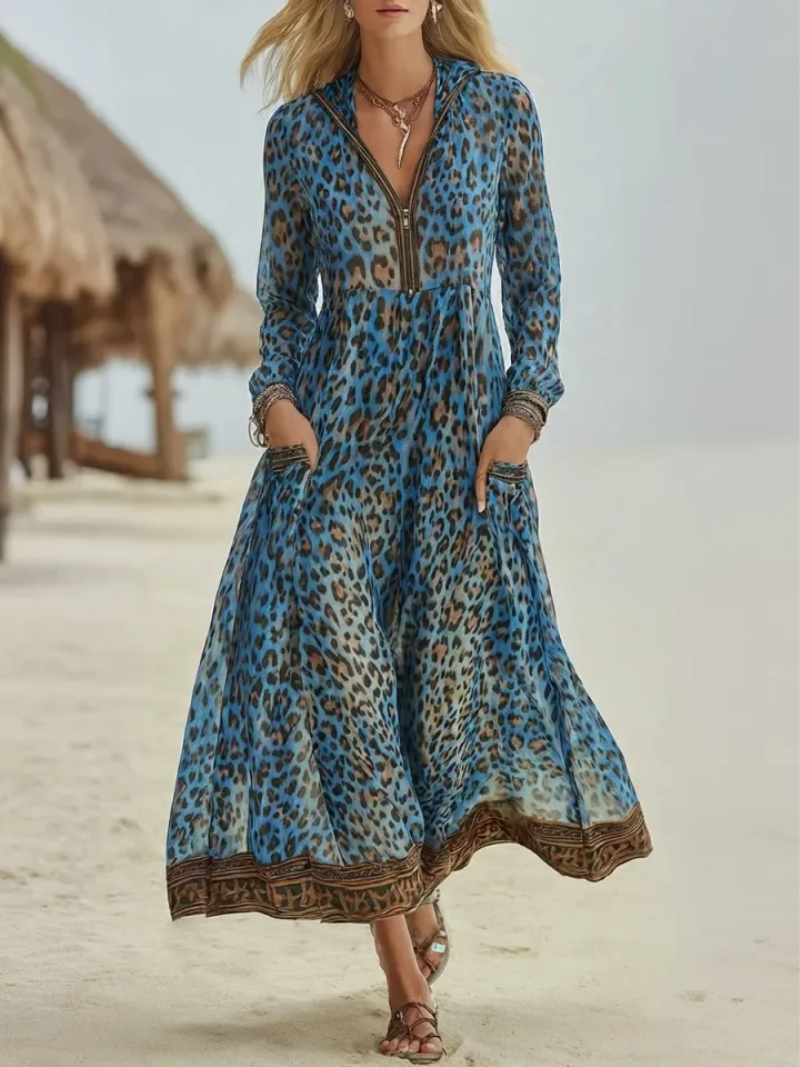Yethrika | Leopard Print Zip Front Maxi Dress